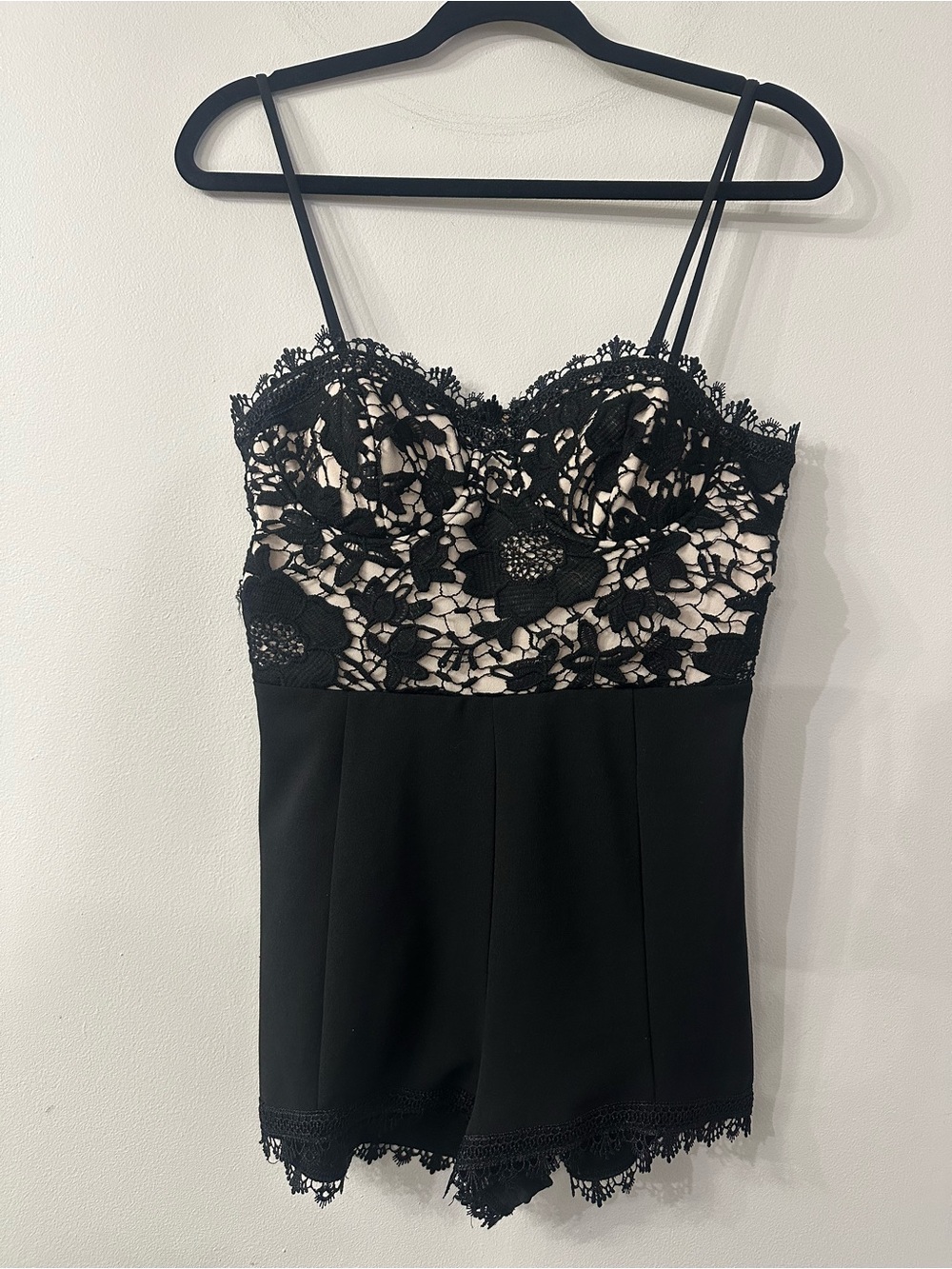 privy Black Lace Bustier Romper with Nude Underlay